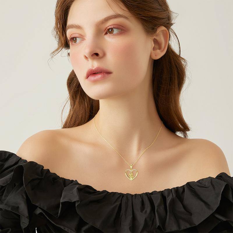 Collar con colgante de madre e hija de corazón de moissanita de oro de 14 quilates para mujer-2