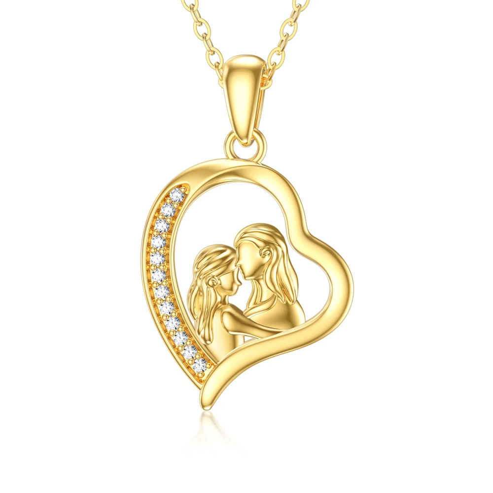 14K Gold Moissanite Mother & Daughter Heart Pendant Necklace With Solid Gold Chain For Women Best Friends-1