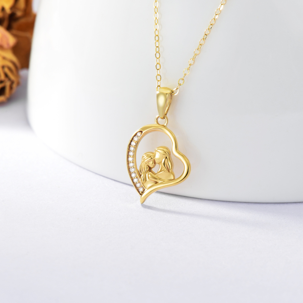 Collar con colgante de corazón de madre e hija de moissanita de oro de 14 quilates con cadena de oro macizo para mujeres mejores amigas-3