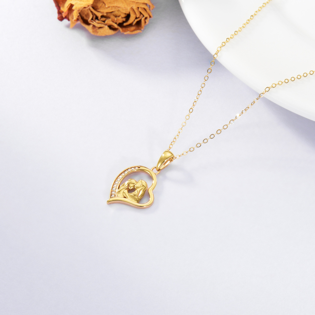 Collar con colgante de corazón de madre e hija de moissanita de oro de 14 quilates con cadena de oro macizo para mujeres mejores amigas-5