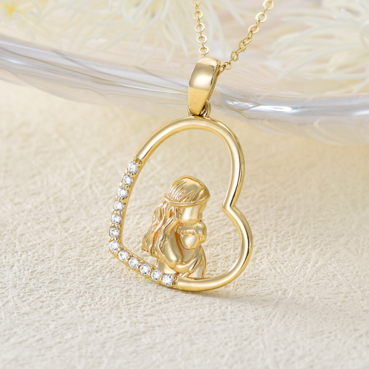 10K Gold Moissanite Mother & Heart Pendant Necklace-3