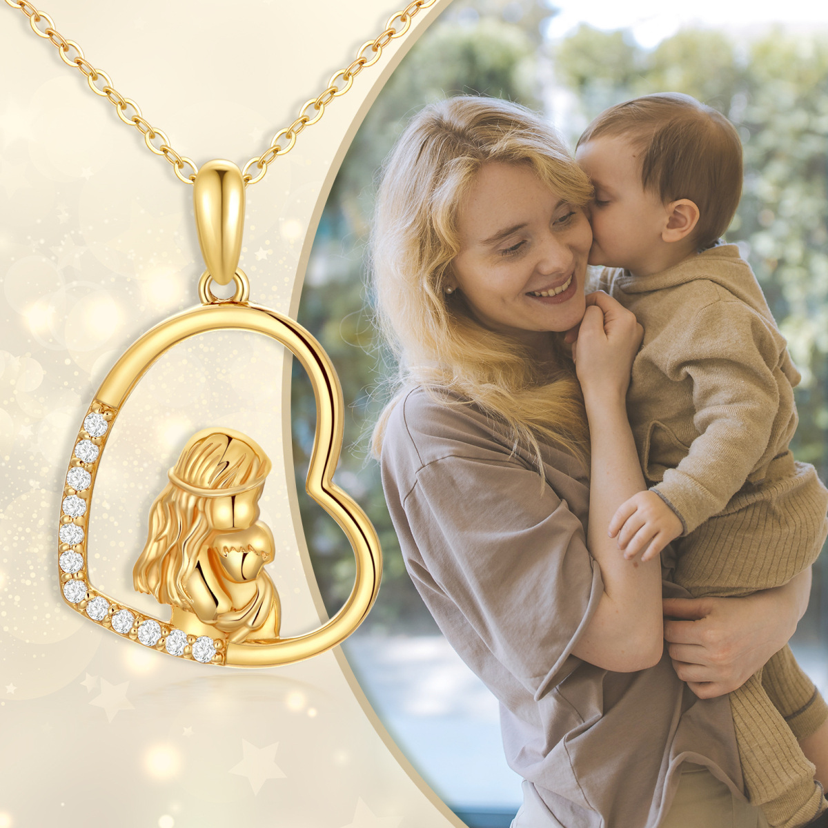 10K Gold Moissanite Mother & Heart Pendant Necklace-5