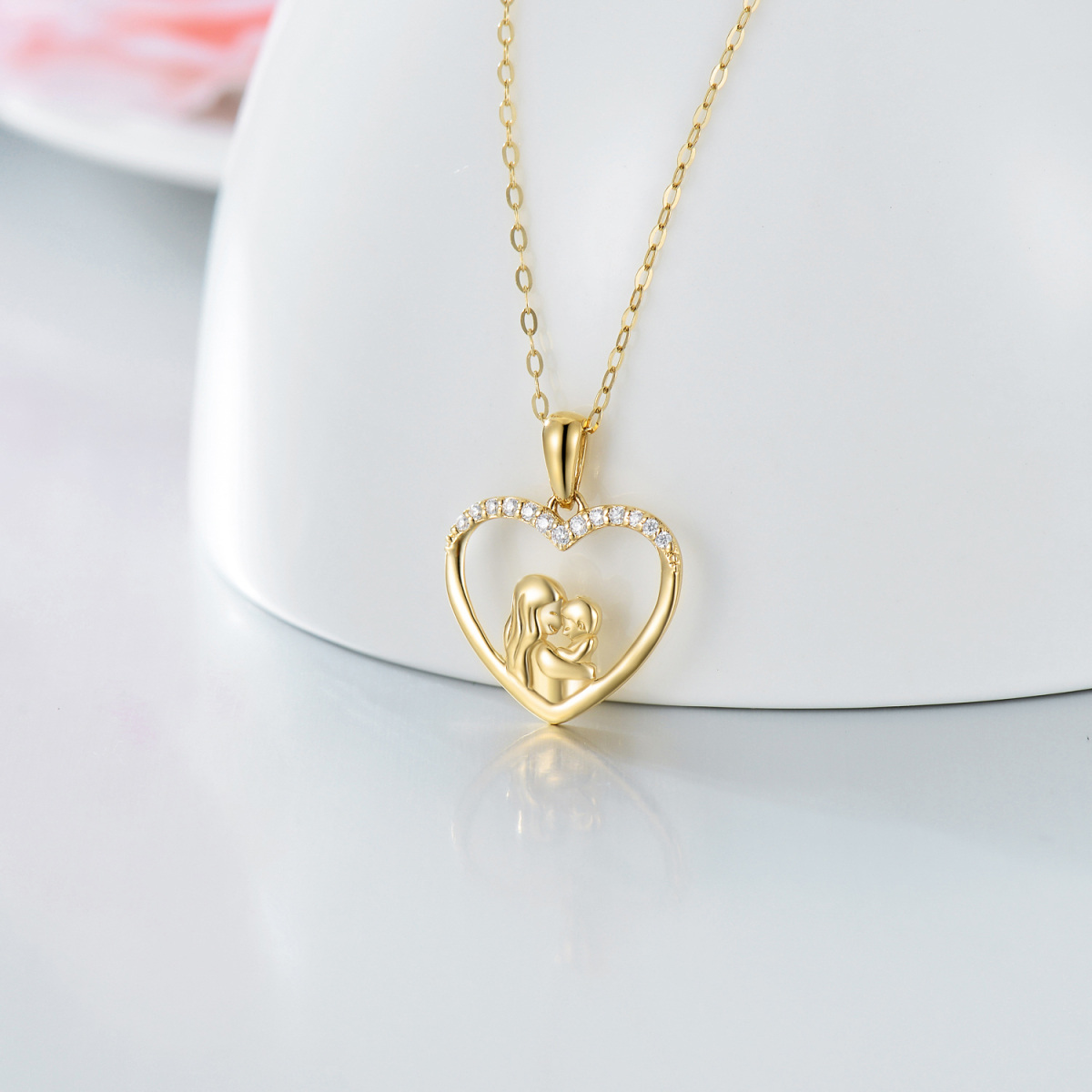 Collana con ciondolo a cuore in oro 14K con moissanite Madre e Figlio-3