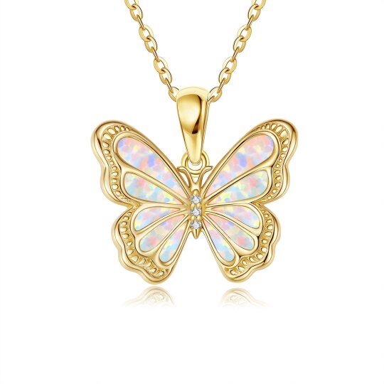 Collier pendentif en or 10K avec papillon en moissanite et opale