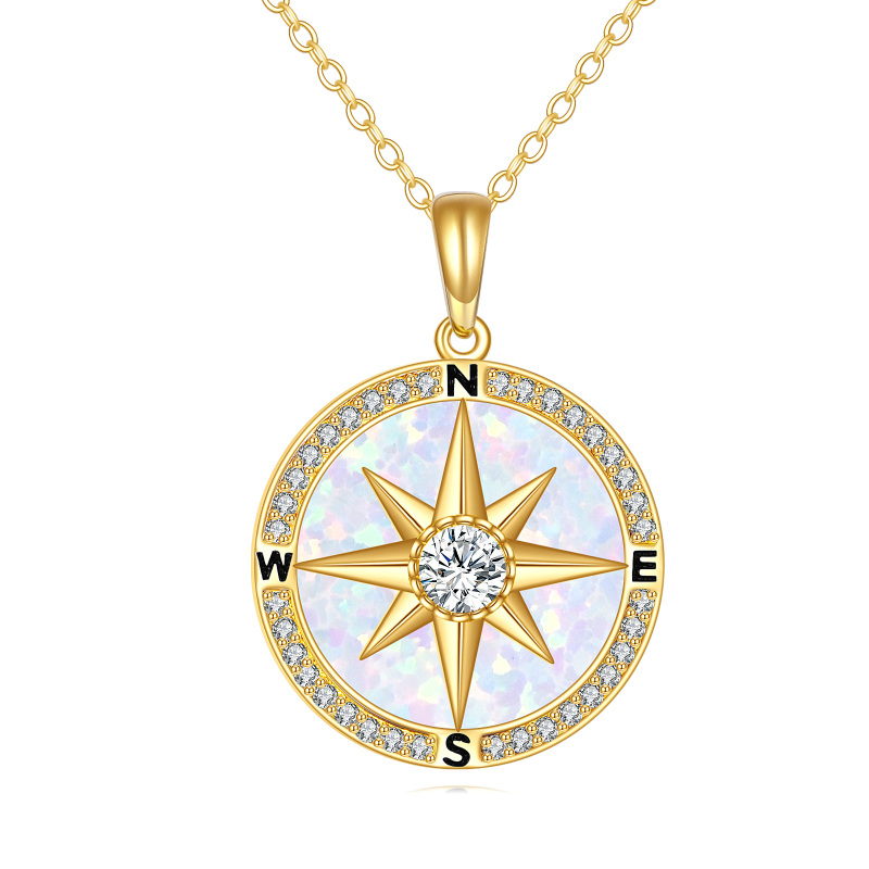 10K Gold Cubic Zirconia & Moissanite & Opal Compass Pendant Necklace-7