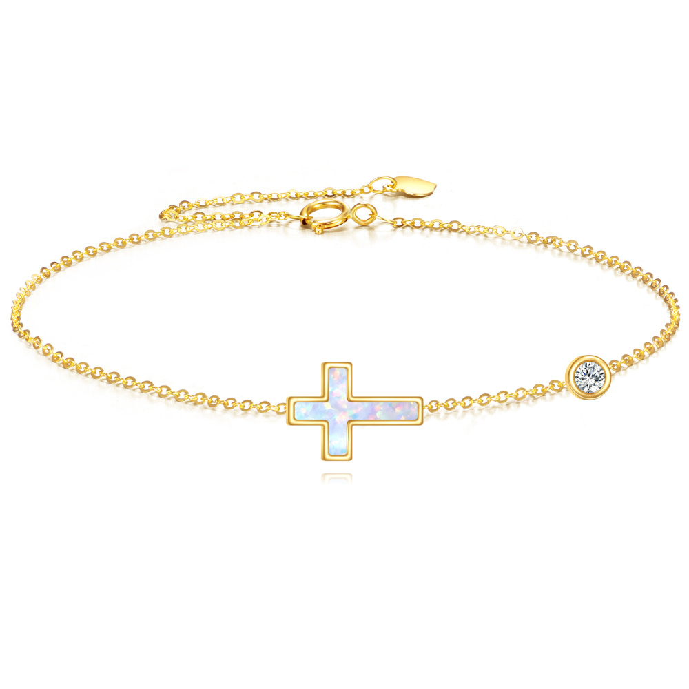 10K Gold Moissanite & Opal Cross & Round Charm Bracelet-1