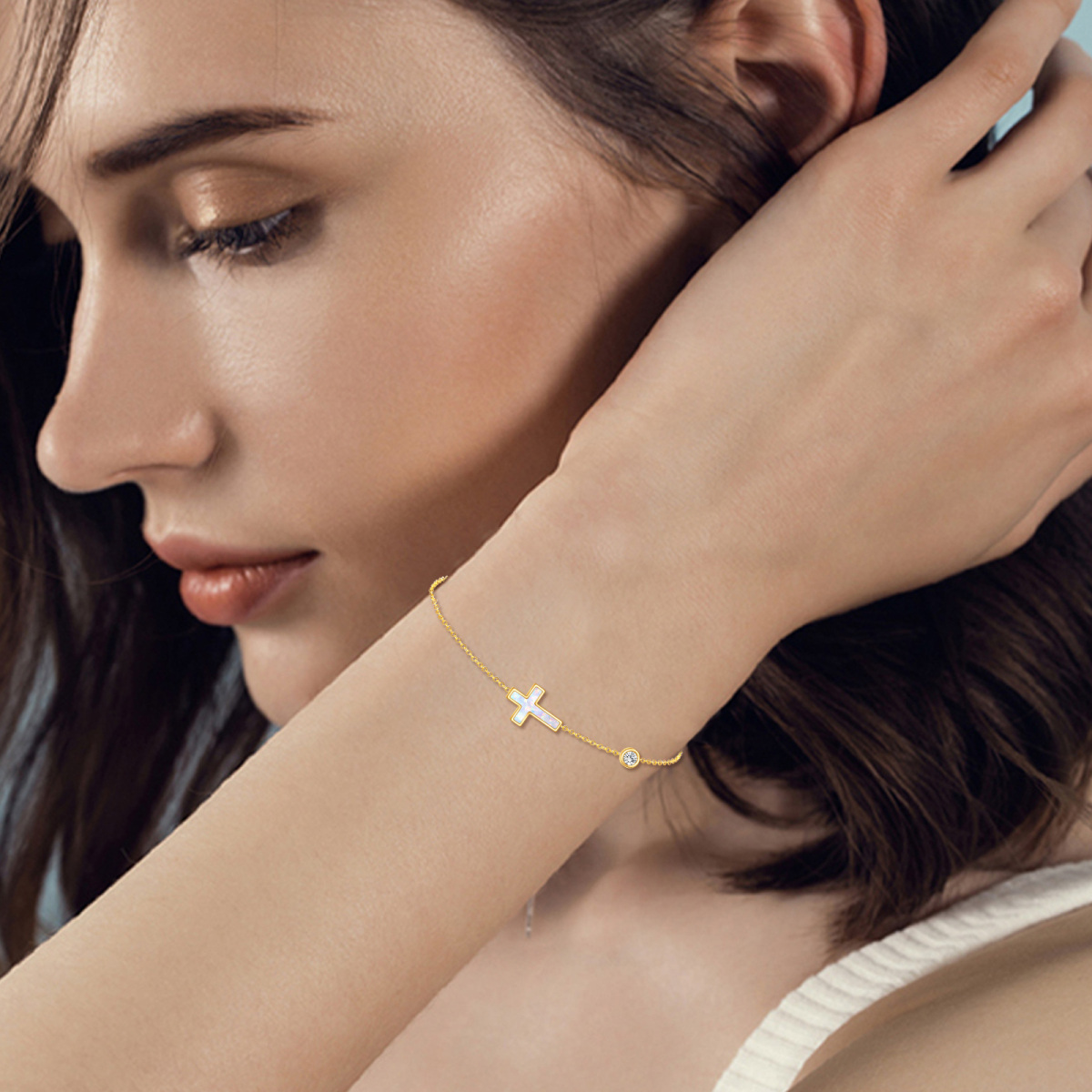 14K Gold Moissanite & Opal Cross & Round Charm Bracelet-2