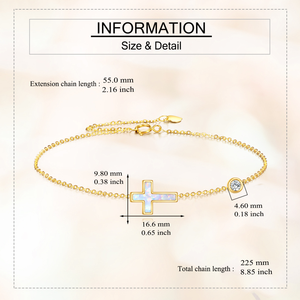 10K Gold Moissanite & Opal Cross & Round Charm Bracelet-5