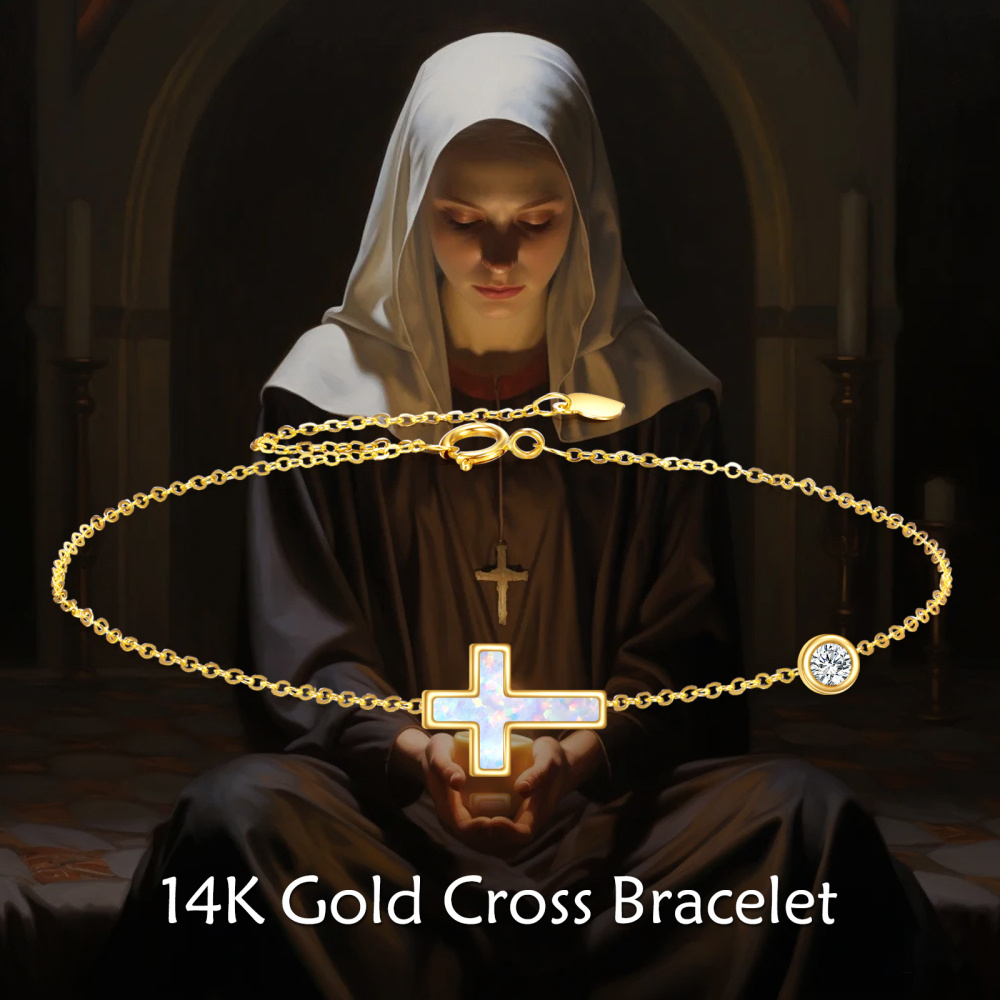 10K Gold Moissanite & Opal Cross & Round Charm Bracelet-6