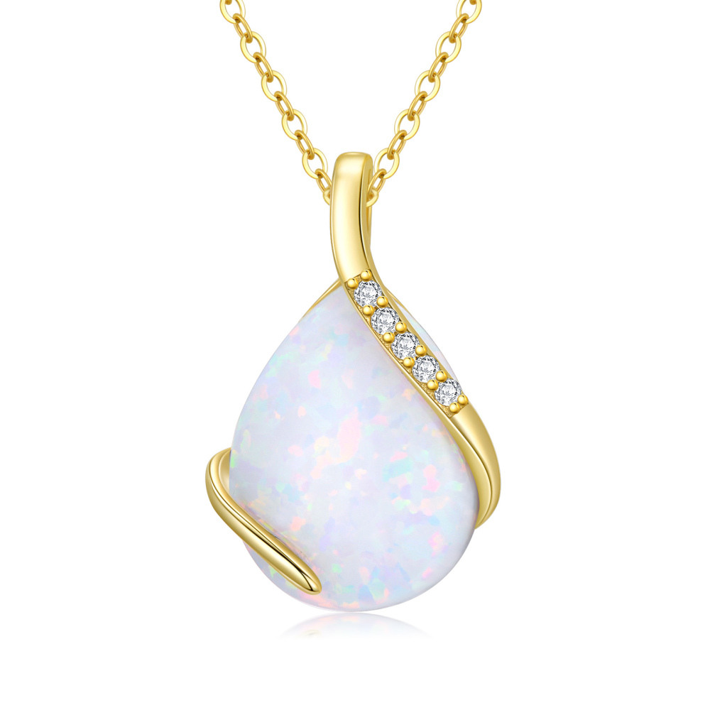 10K Gold Moissanite & Opal Drop Shape Pendant Necklace-1