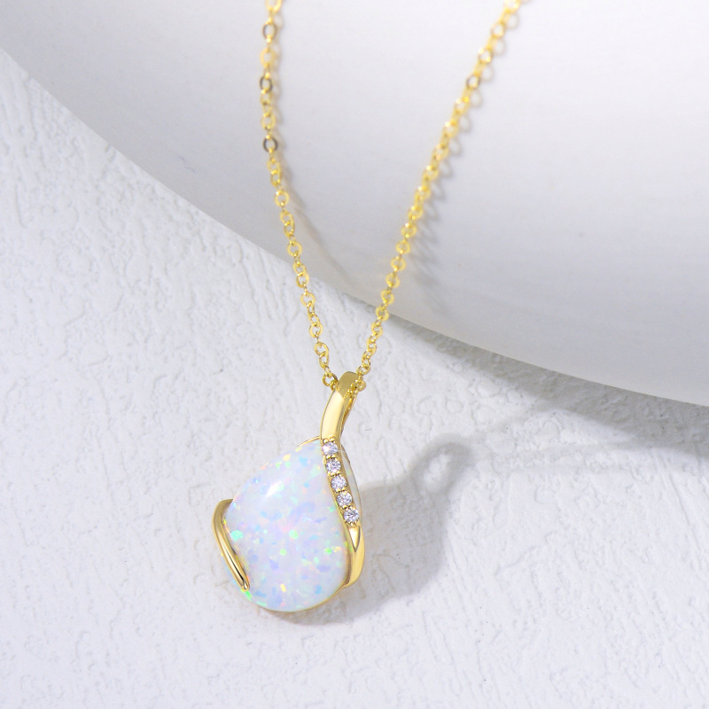10K Gold Moissanite & Opal Drop Shape Pendant Necklace-3