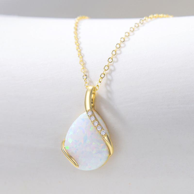 10K Gold Moissanite & Opal Drop Shape Pendant Necklace-4