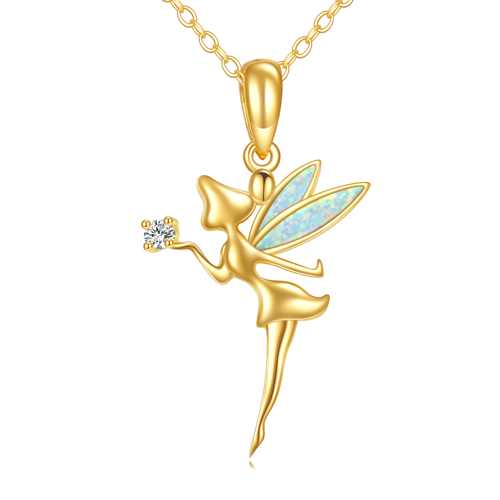 Collier pendentif fée en or 14K Moissanite et Opale