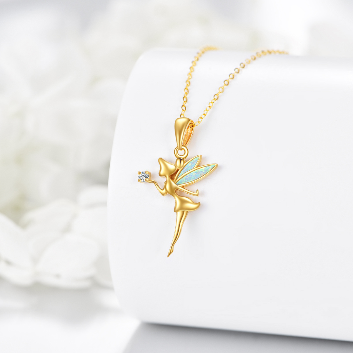 10K Gold Moissanite & Opal Fairy Pendant Necklace-4