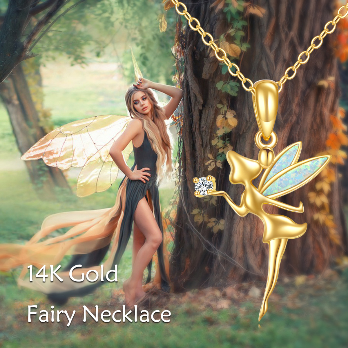 10K Gold Moissanite & Opal Fairy Pendant Necklace-6