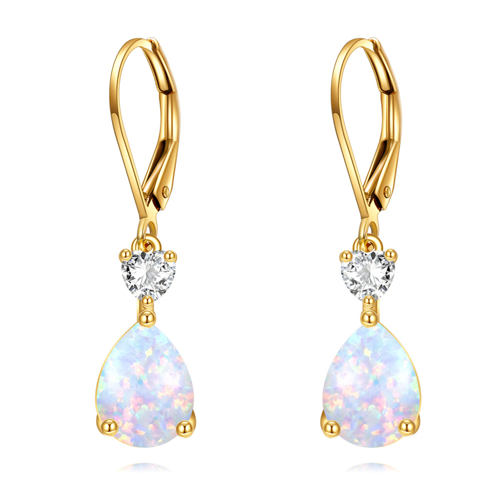 10K Gold Opal Heart Personalized Birthstone Drop Lever-back Earrings-1