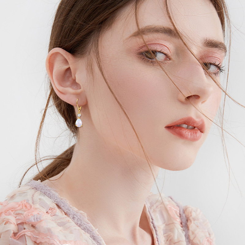 10K White Gold Cubic Zirconia & Opal Personalized Birthstone & Drop Shape & Heart Lever-back Earrings-2