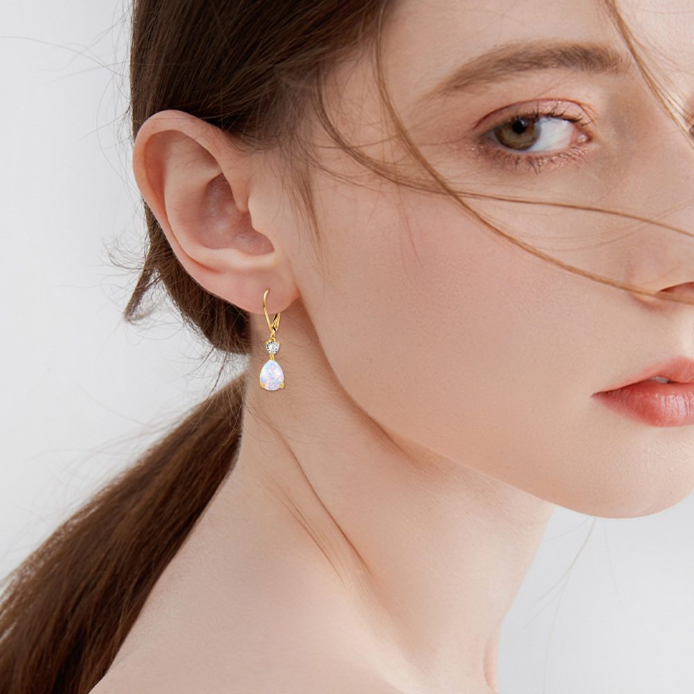 10K Gold Opal Heart Personalized Birthstone Drop Lever-back Earrings-3
