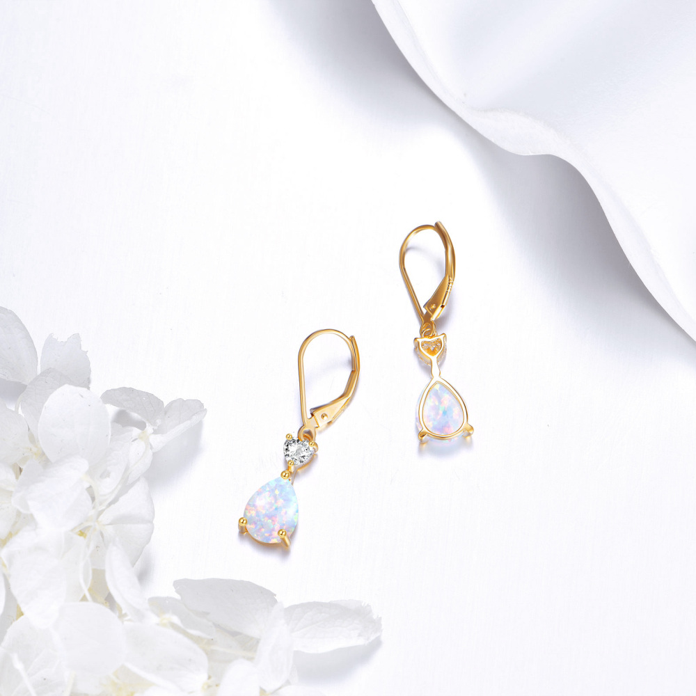 10K Gold Opal Heart Personalized Birthstone Drop Lever-back Earrings-4