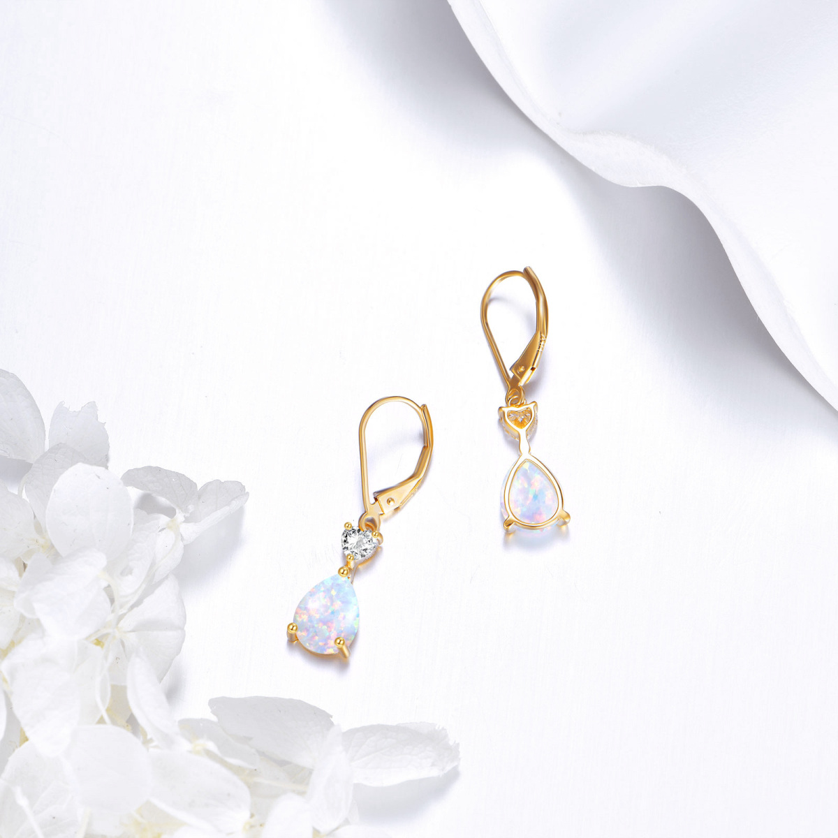 14K Gold Moissanite Opal Heart Personalized Birthstone Drop Lever-back Earrings-4