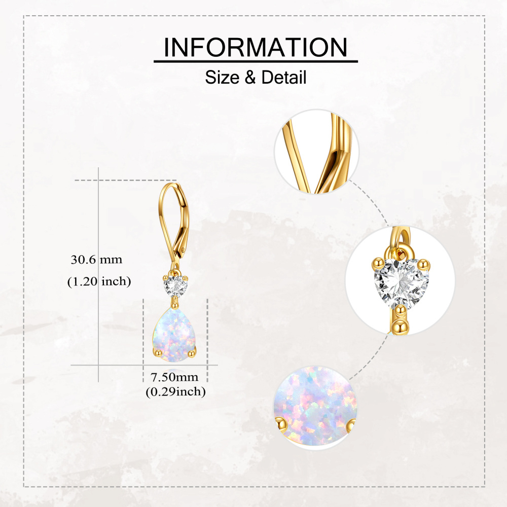10K Gold Opal Heart Personalized Birthstone Drop Lever-back Earrings-5