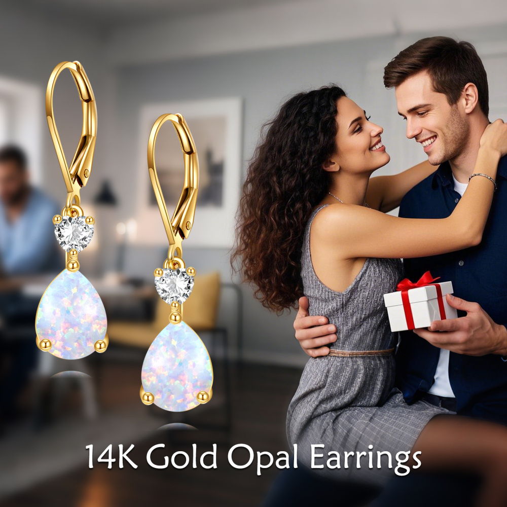 10K Gold Opal Heart Personalized Birthstone Drop Lever-back Earrings-6
