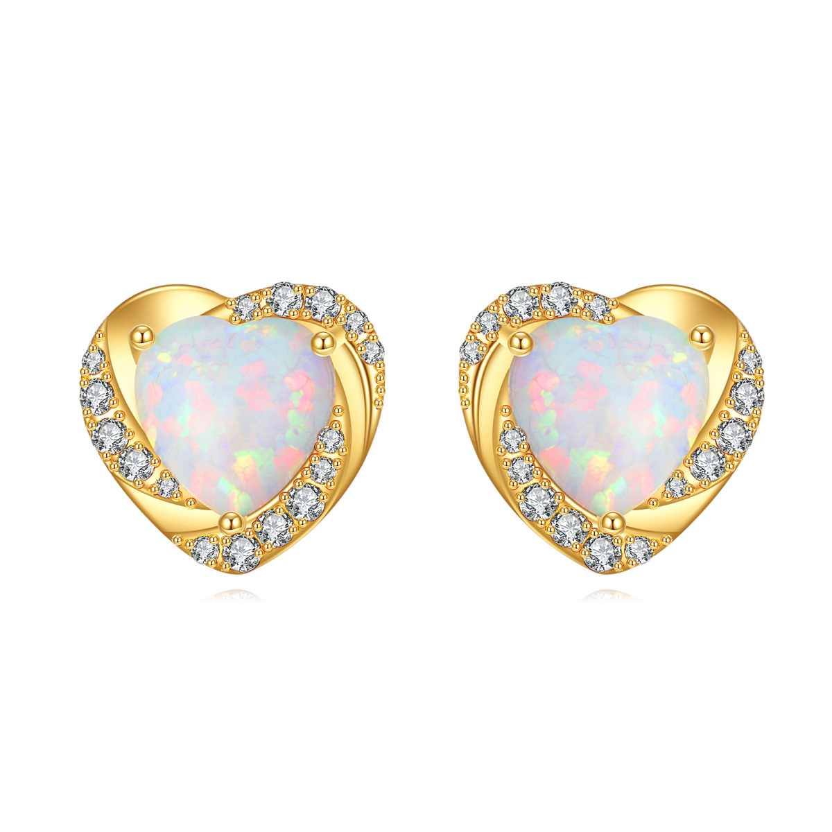 10K Gold Moissanite & Opal Heart Stud Earrings-1