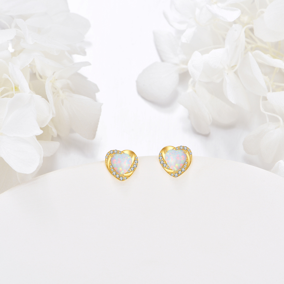 10K Gold Moissanite & Opal Heart Stud Earrings-3