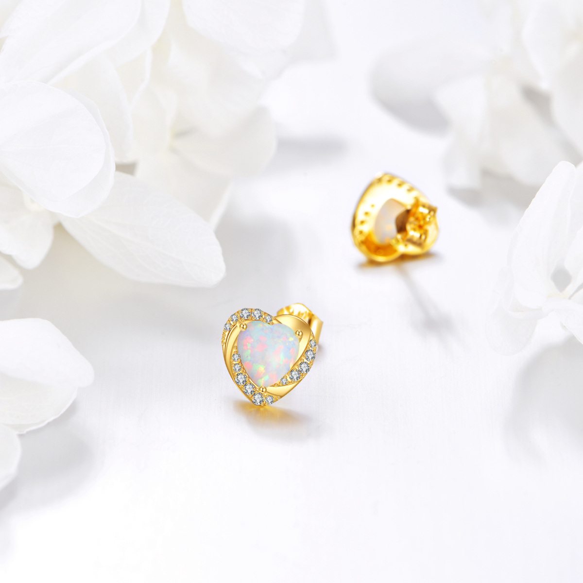 10K Gold Moissanite & Opal Heart Stud Earrings-4