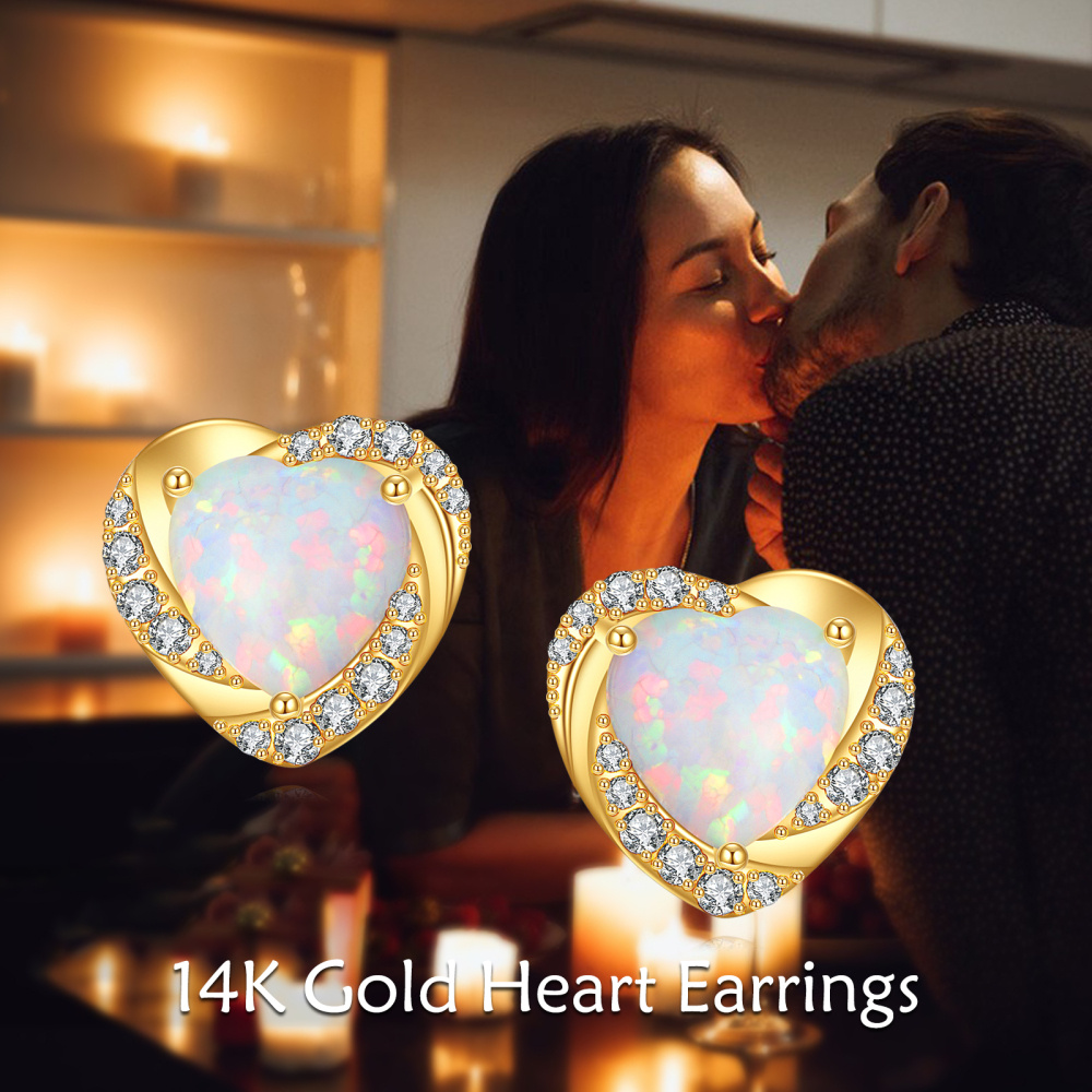 Pendientes de oro de 14 quilates con corazón de ópalo y moissanita-6