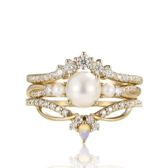 14K-Gold-Moissanit- & Opal- & Perlen-Brautset