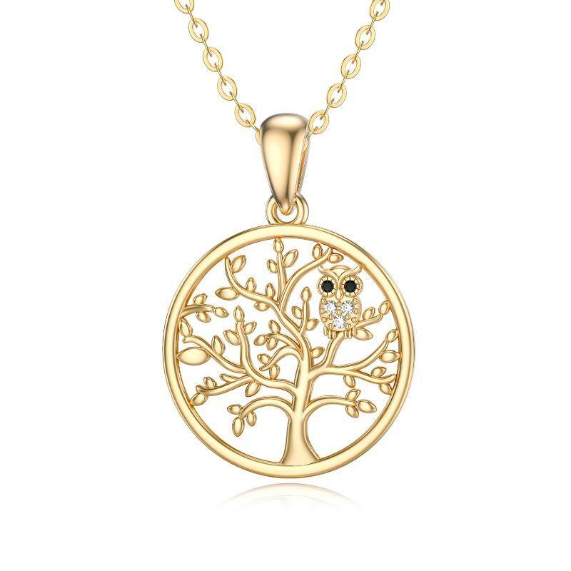 14K Gold Moissanit Eule & Baum des Lebens Anhänger Halskette-1