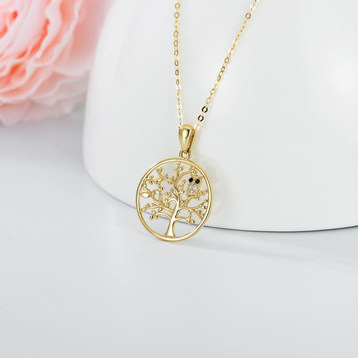 14K Gold Moissanite Owl & Tree Of Life Pendant Necklace-3