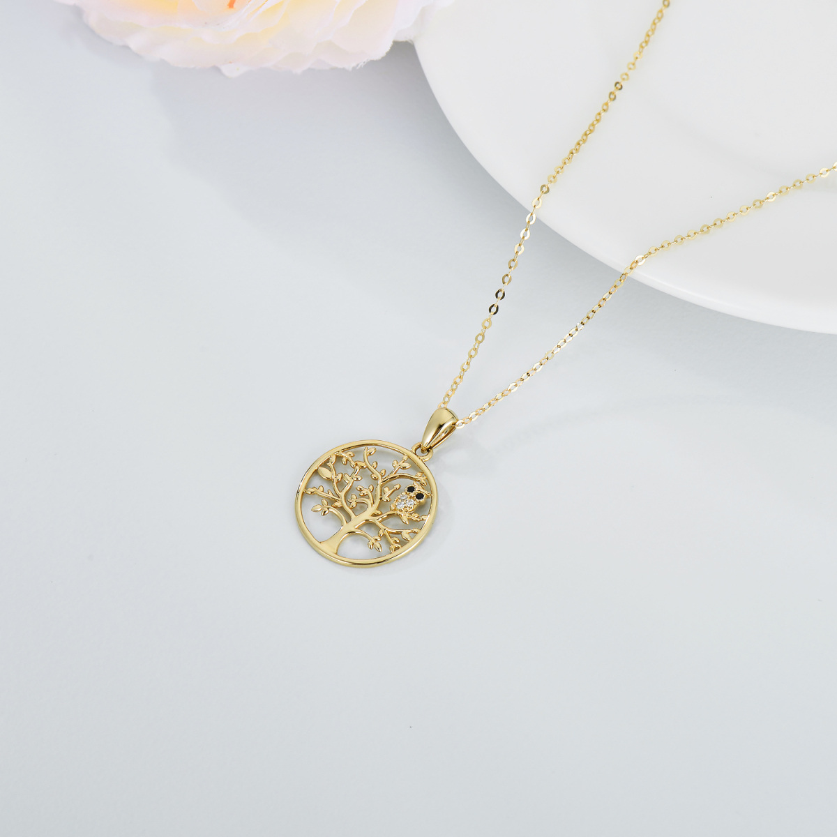 14K Gold Moissanite Owl & Tree Of Life Pendant Necklace-4