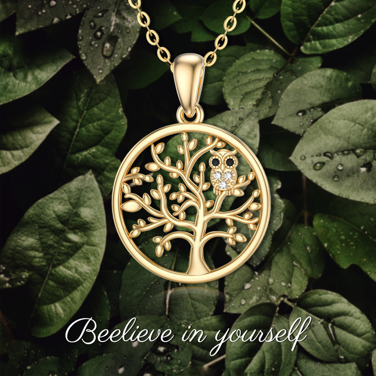 14K Gold Moissanite Owl & Tree Of Life Pendant Necklace-5