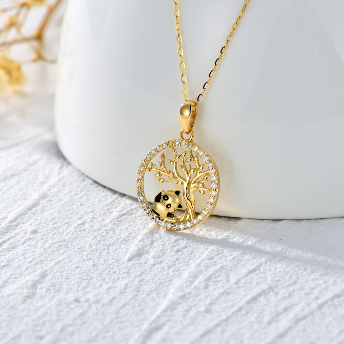 10K Gold Moissanite Panda & Tree Of Life Pendant Necklace-2