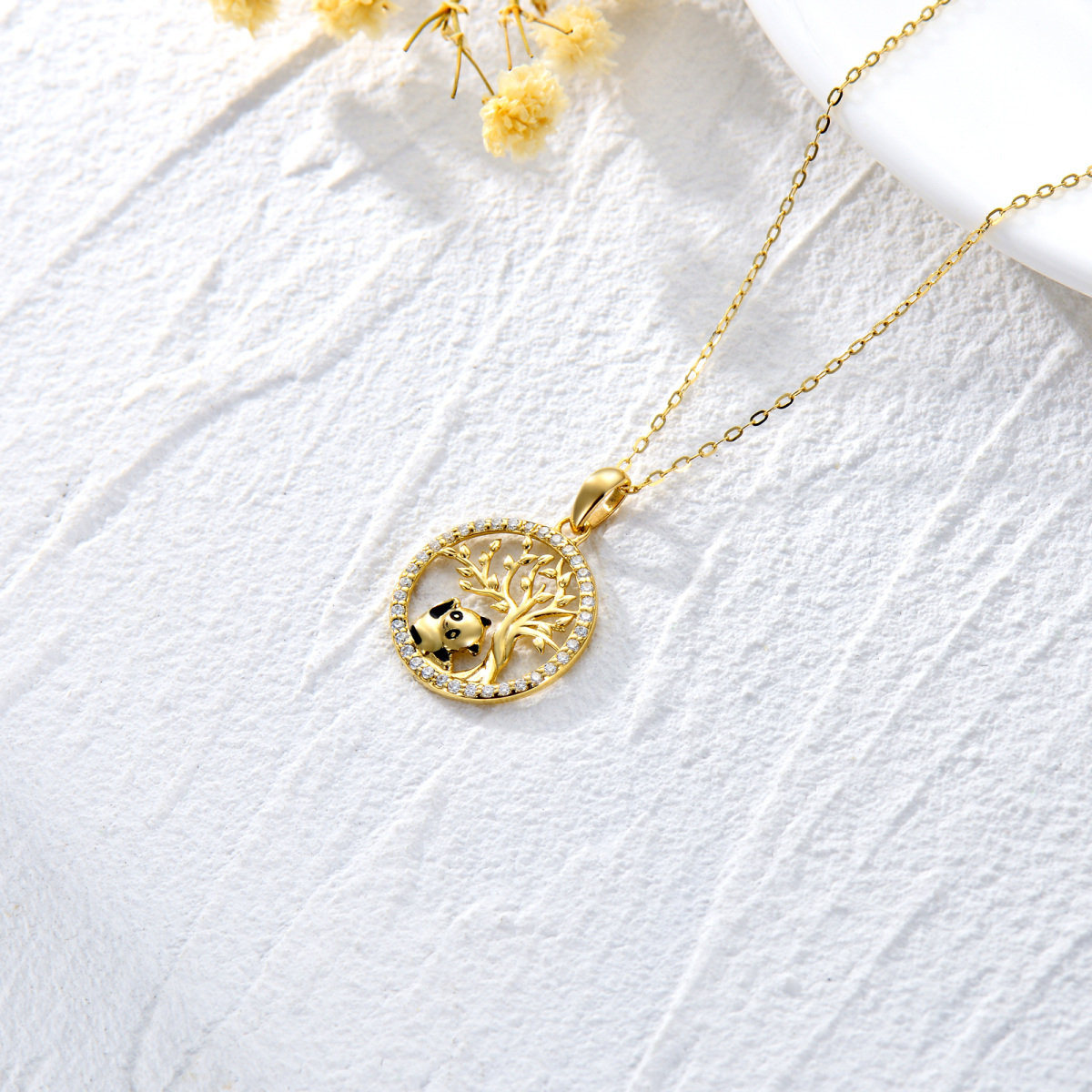 10K Gold Moissanite Panda & Tree Of Life Pendant Necklace-3