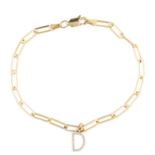 14K Gold Moissanite Paperclip Bracelet with Initial Letter D
