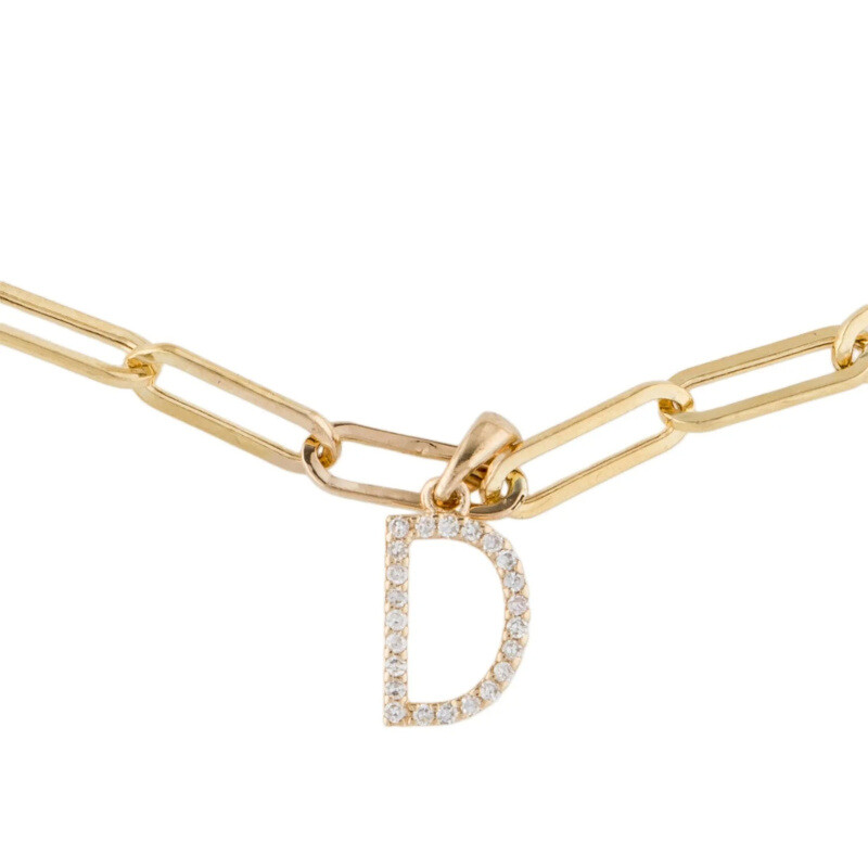 Pulsera de clip de papel de moissanita y oro 14K con letra inicial D-3