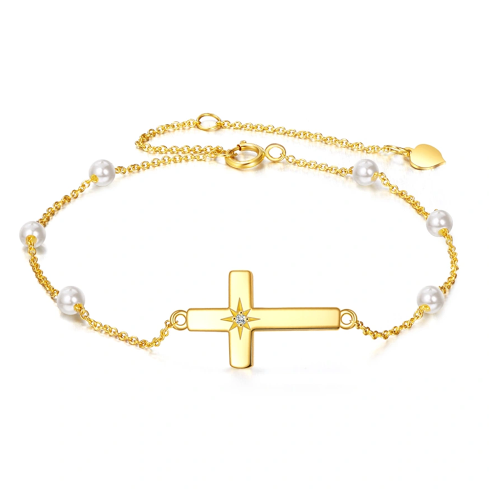 10K Gold Moissanite & Pearl Cross Charm Bracelet-1