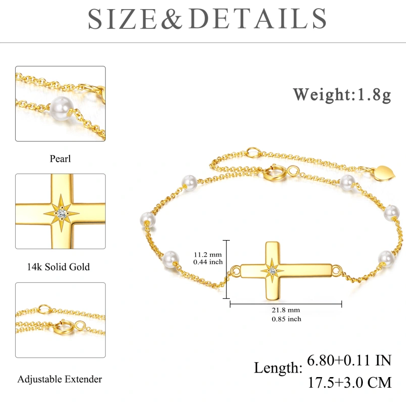 Bracciale con ciondolo a croce in moissanite e perle in oro 10K-4