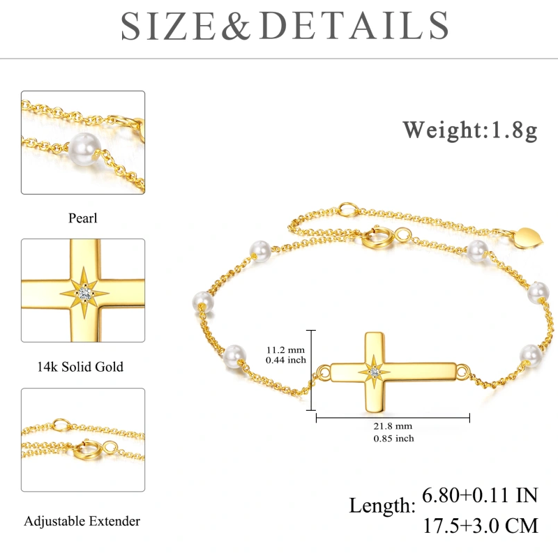 10K Gold Moissanite & Pearl Cross Charm Bracelet-4