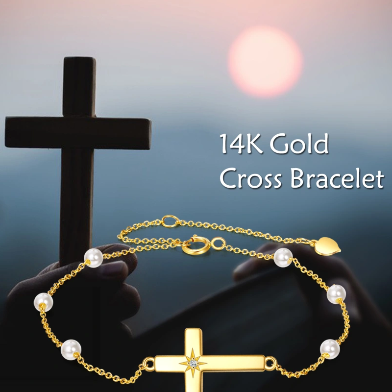 10K Gold Moissanite & Pearl Cross Charm Bracelet-5