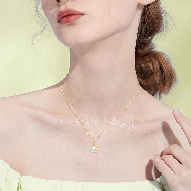 10K Gold Moissanite & Pearl Drop Shape Pendant Necklace-2