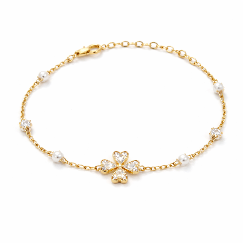 14K Gold Moissanite & Pearl Four Leaf Clover Charm Bracelet-1