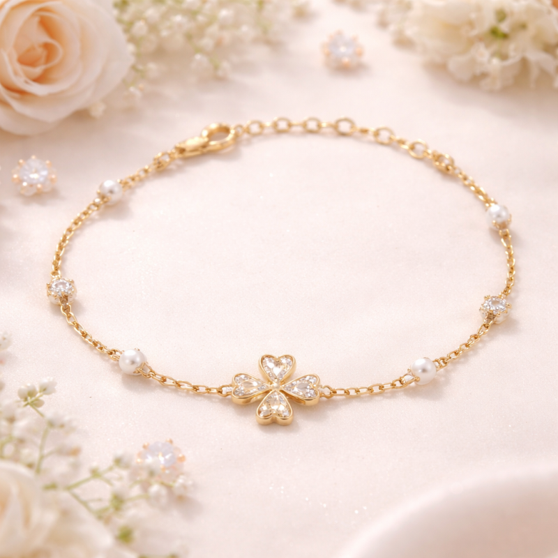 14K Gold Moissanite & Pearl Four Leaf Clover Charm Bracelet-3