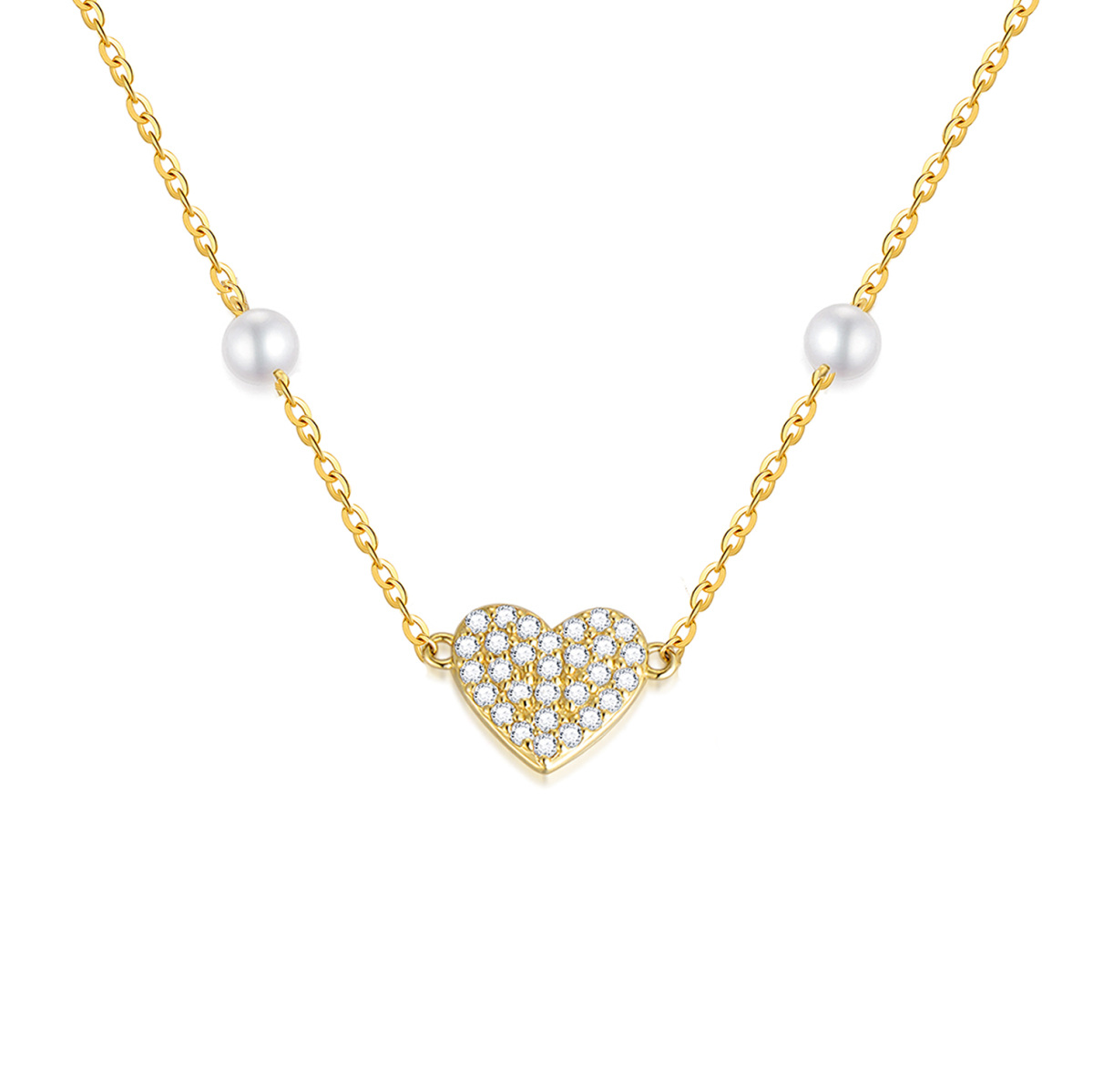 Collier pendentif coeur en or 14K Moissanite et perle-1