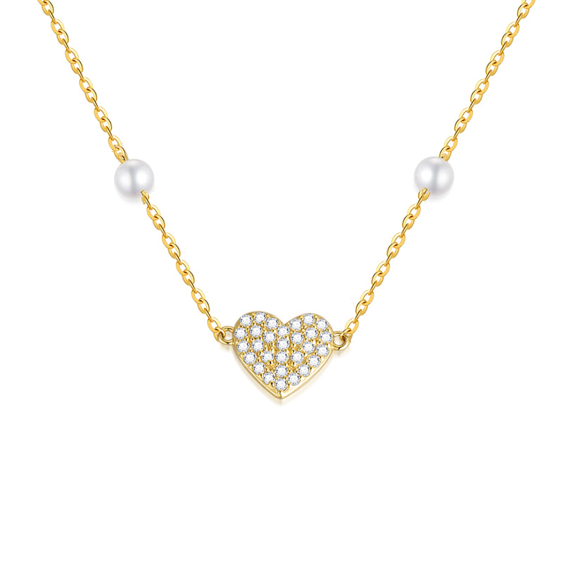 14K Gold Moissanite & Pearl Heart Pendant Necklace-5