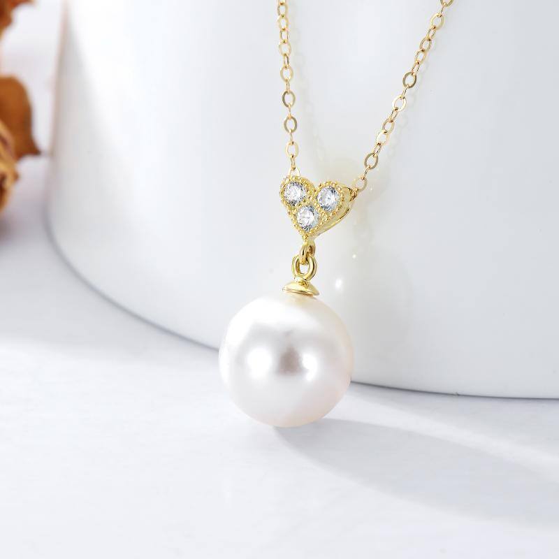 18K Gold Moissanite & Pearl Heart Pendant Necklace-3