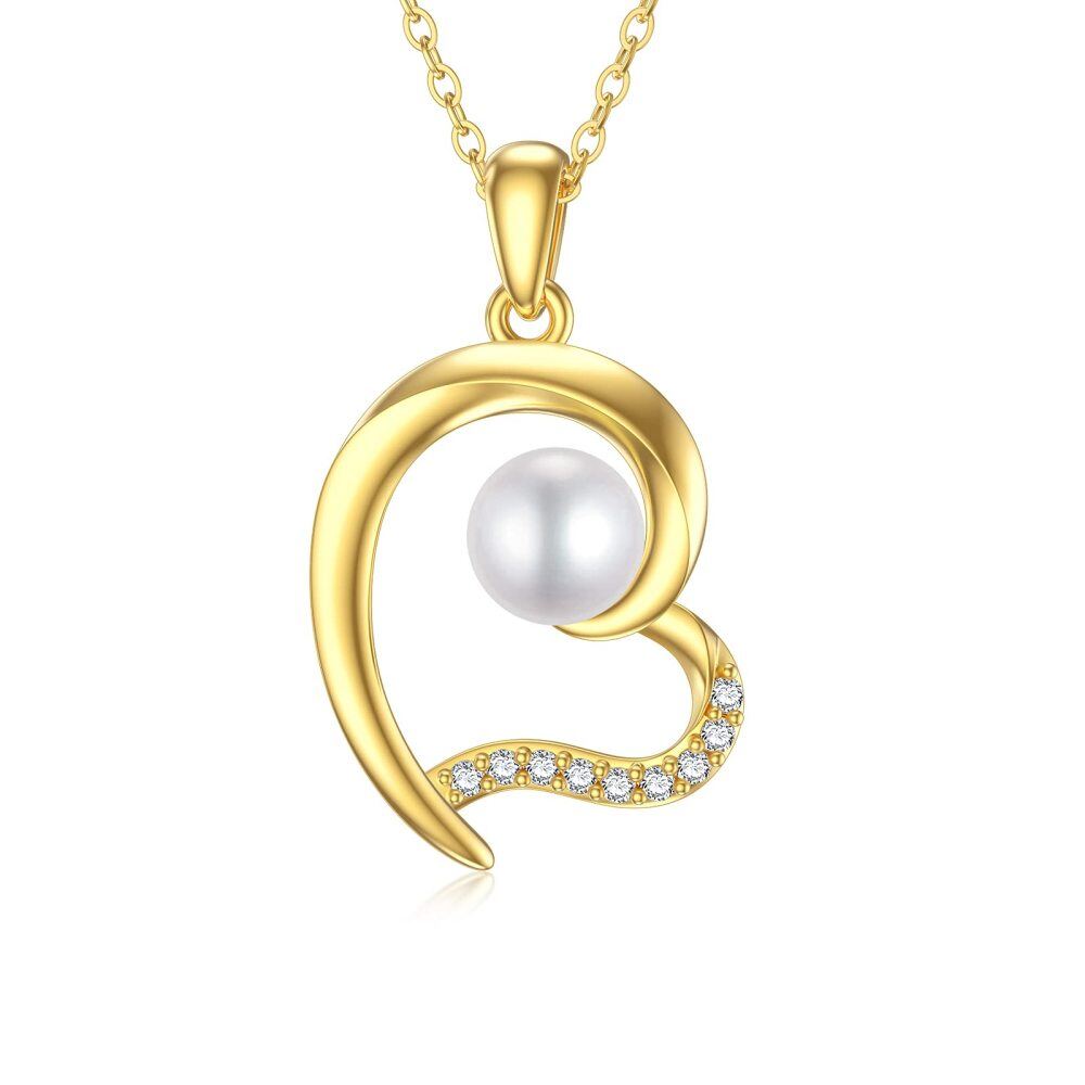 10K Gold Moissanite & Pearl Heart Pendant Necklace-1